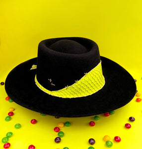 black boater hat with neon yellow finish