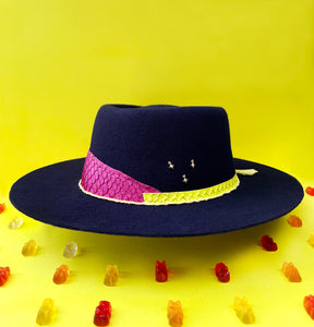 navy boater hat with neon colour pop 